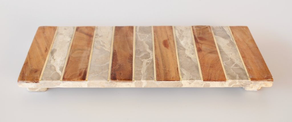 Wood, Brass And Beige Marble Striped Board On Feet